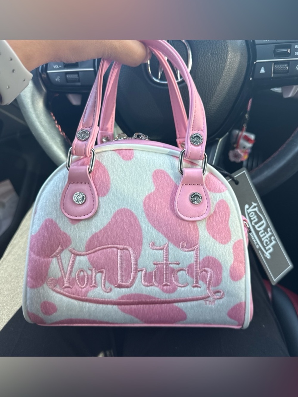 Von Dutch Pink and White Cow-Print Dome Mini Handbag